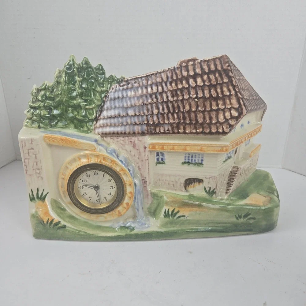 Vtg 1950s German Watermill Mantel Clock Ceramic Alpine Scene 12x8x3 READ
